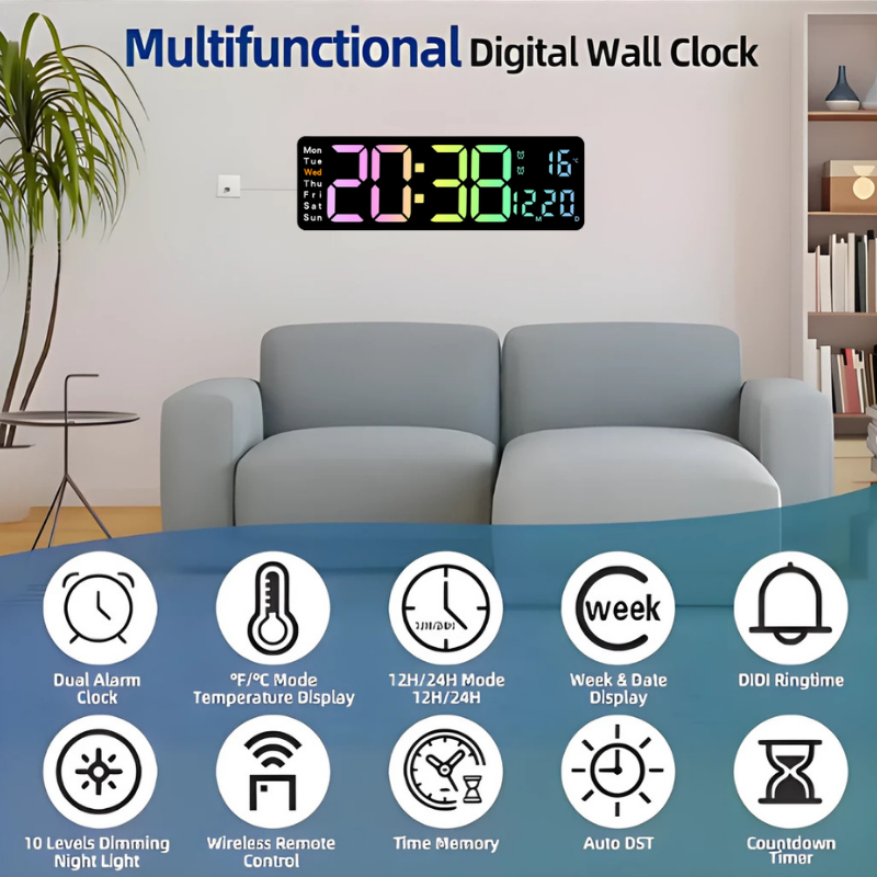 Globetrek° DigitalClock: Stor LED Skjerm Display Digital Klokke