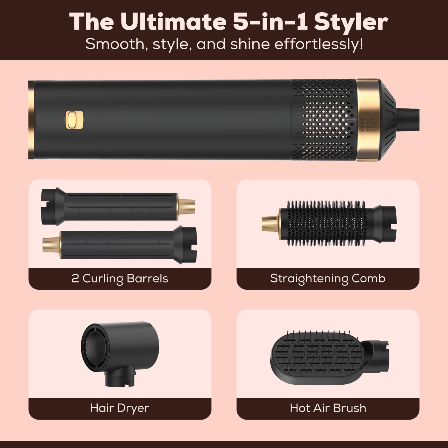 Rose® StylingBrush: 5-In-1 Utskiftbar Hår Føn Tørker Og Styling Børste