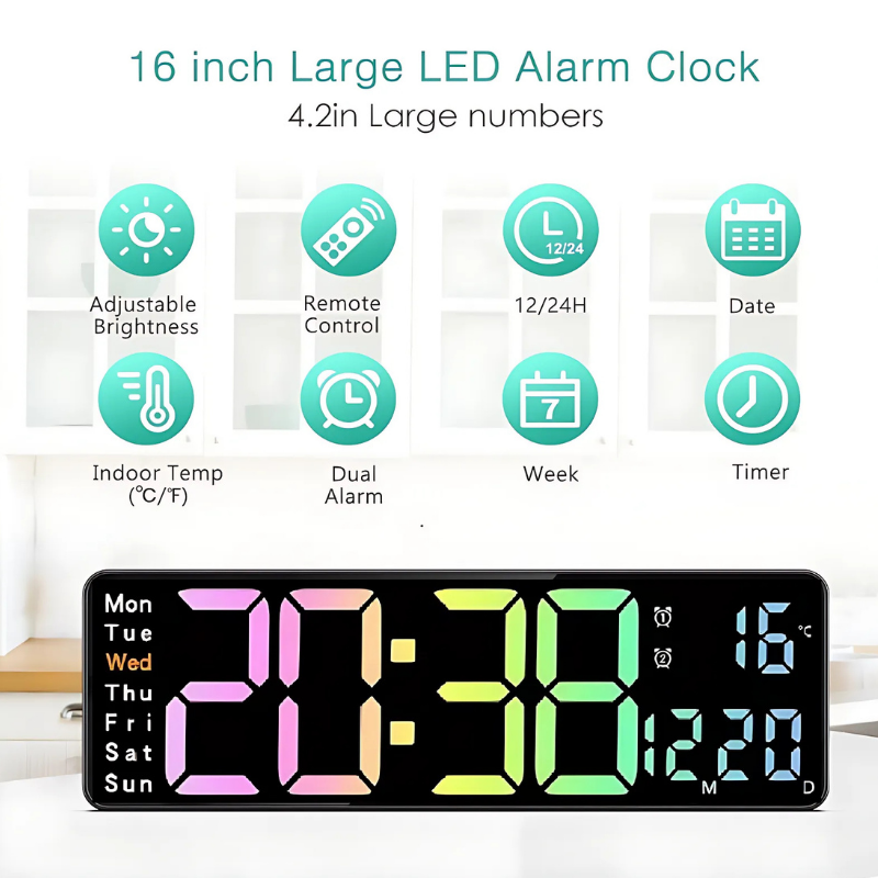 Globetrek° DigitalClock: Stor LED Skjerm Display Digital Klokke