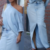 Icone™ FashionSet: Stilig Off-Shoulder Topp Og Denimskjørt