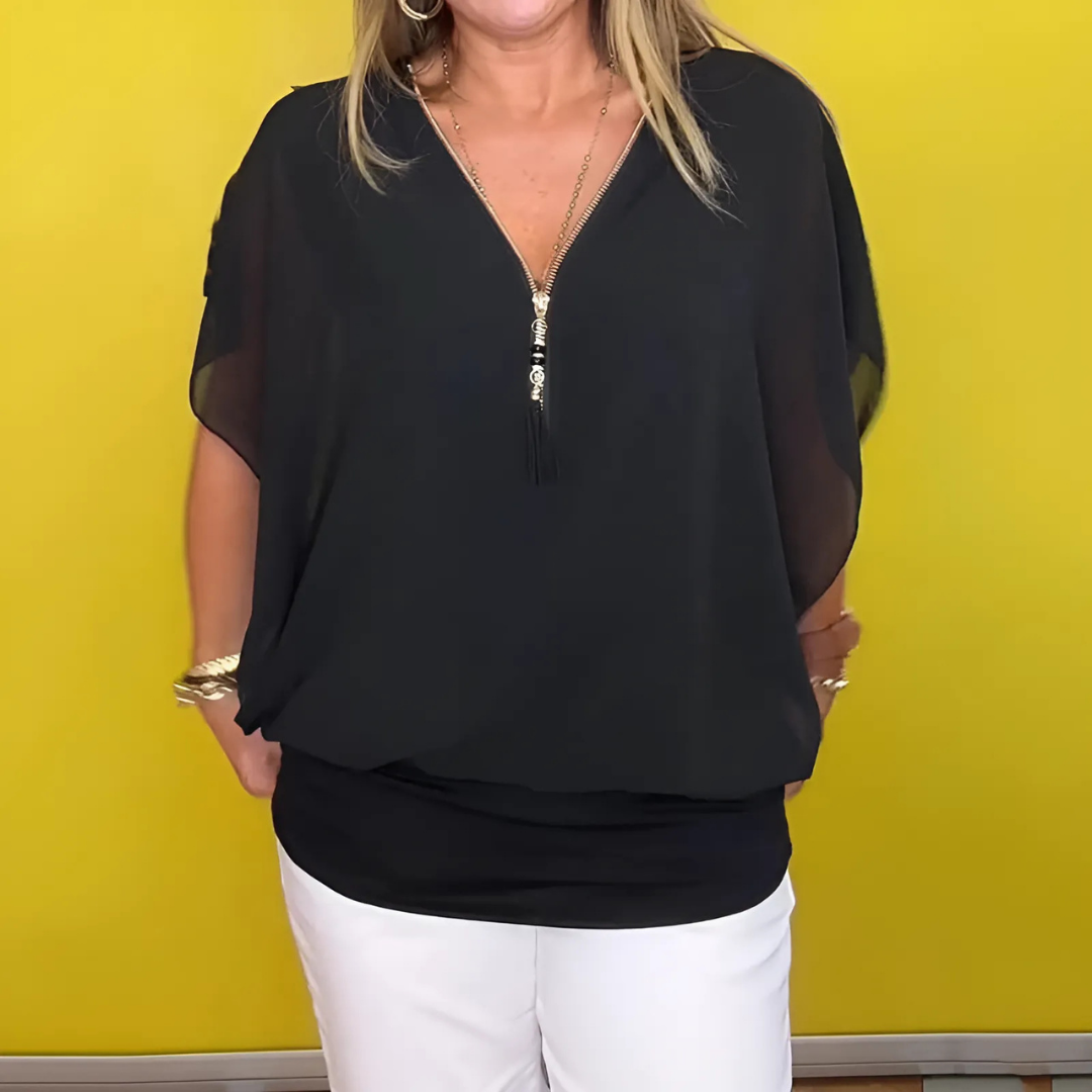 Icone™ LooseBlouse: Komfortabel V-Hals Med Glidelås Løs Bluse For Kvinner