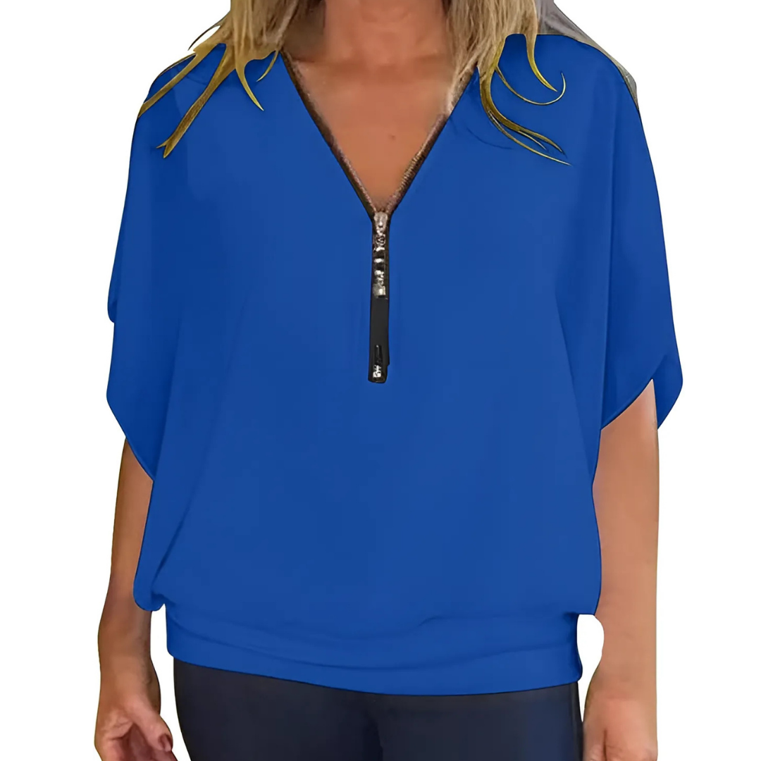 Icone™ LooseBlouse: Komfortabel V-Hals Med Glidelås Løs Bluse For Kvinner