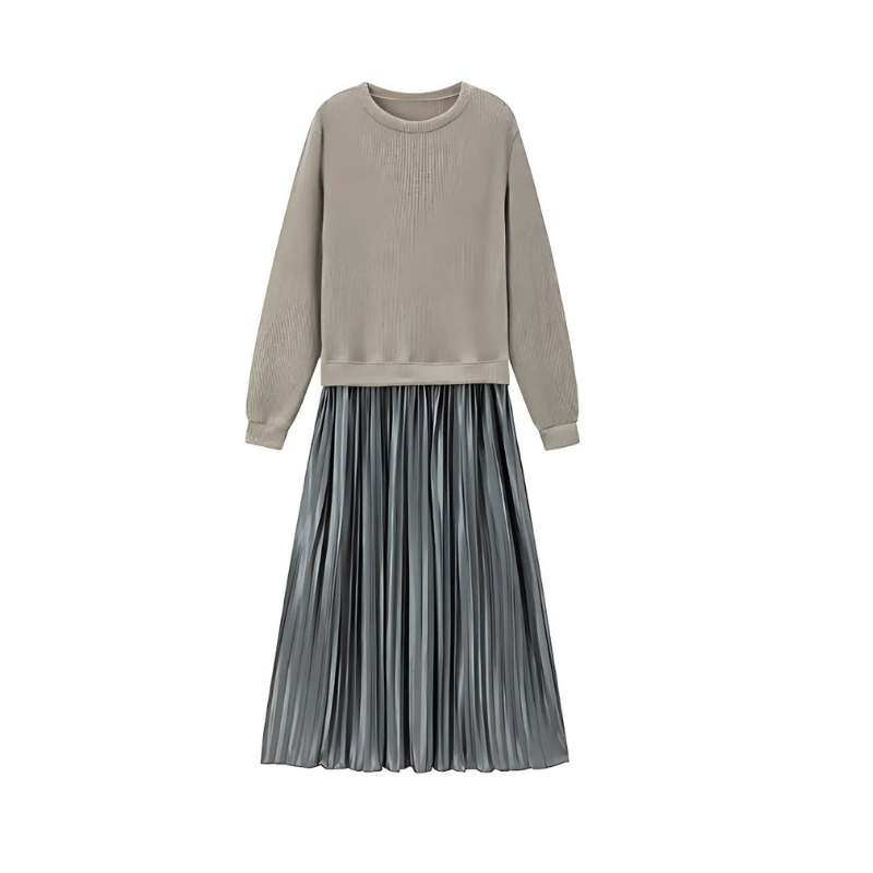 Icone™ PleatedDress: Langermet Topp Med Elegant Plissert Bunn Kjole