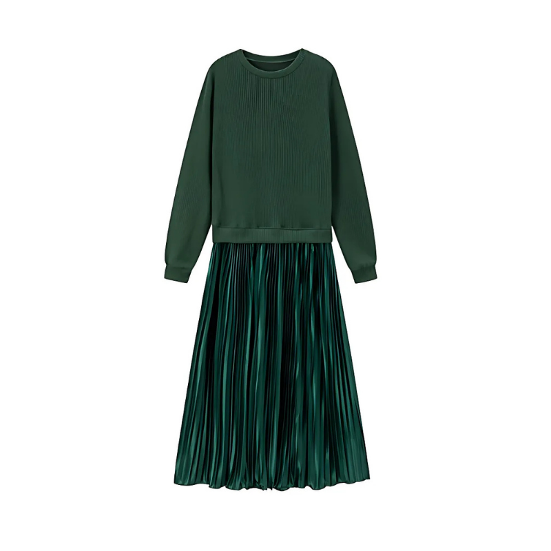 Icone™ PleatedDress: Langermet Topp Med Elegant Plissert Bunn Kjole