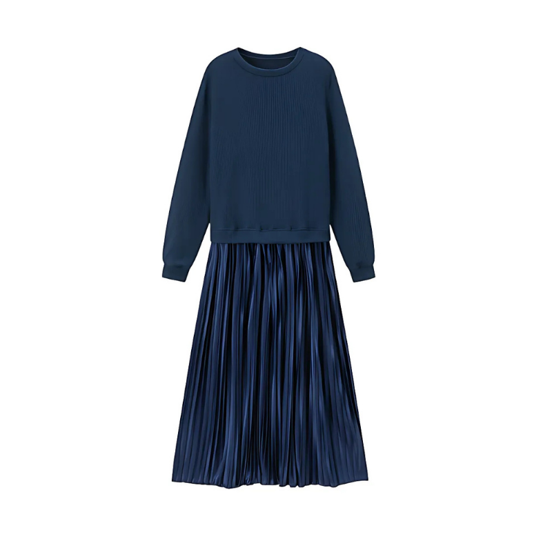 Icone™ PleatedDress: Langermet Topp Med Elegant Plissert Bunn Kjole