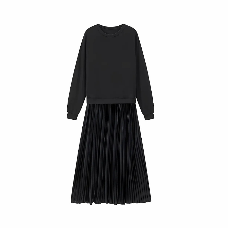 Icone™ PleatedDress: Langermet Topp Med Elegant Plissert Bunn Kjole