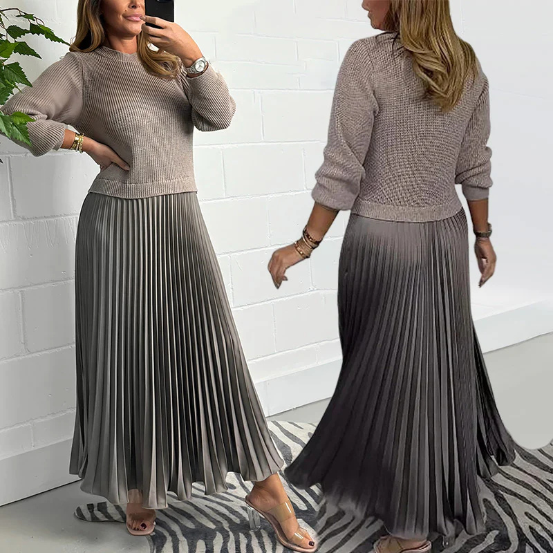 Icone™ PleatedDress: Langermet Topp Med Elegant Plissert Bunn Kjole