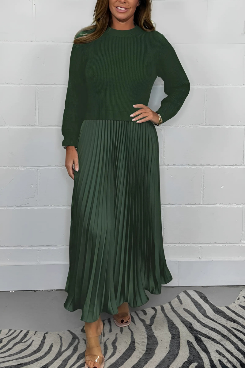 Icone™ PleatedDress: Langermet Topp Med Elegant Plissert Bunn Kjole