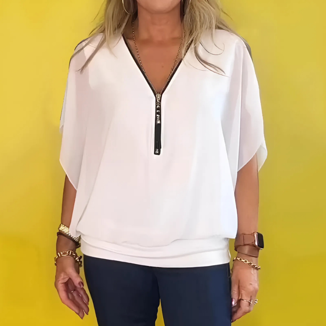 Icone™ LooseBlouse: Komfortabel V-Hals Med Glidelås Løs Bluse For Kvinner