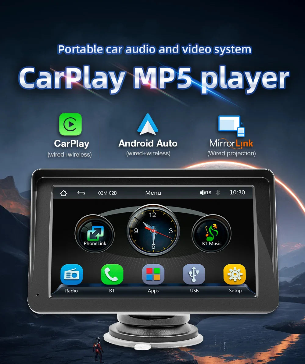 CarPlay - 7 Tommers Trådløs Bærbar Android Bil Skjerm