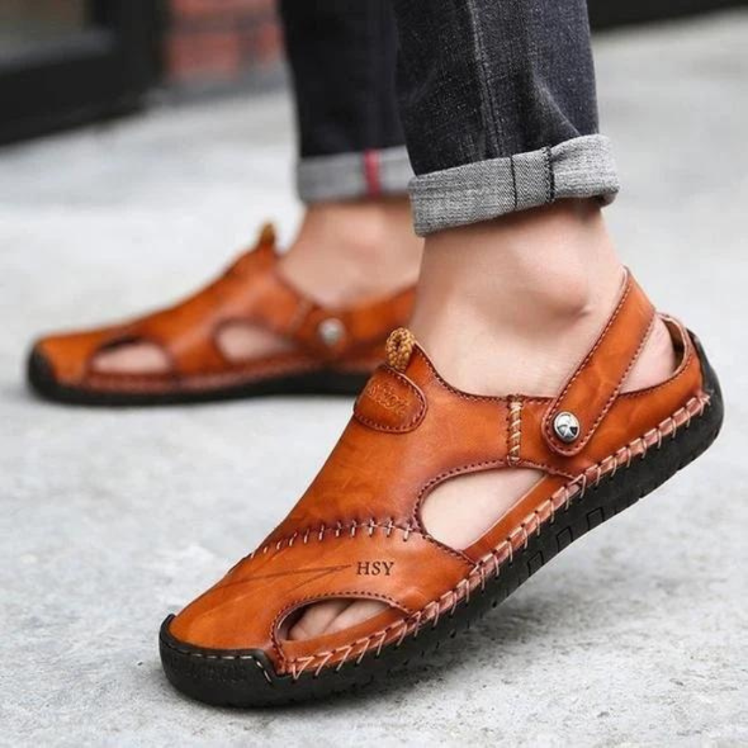 Happy™ LeatherSandals: Pustende Utendørssandaler i Mykt Skinn for Menn