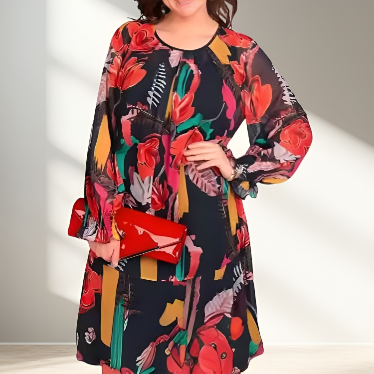 Icone™ FlowerDress: Langermet Kjole Med Løs Passform Og Blomstertrykk