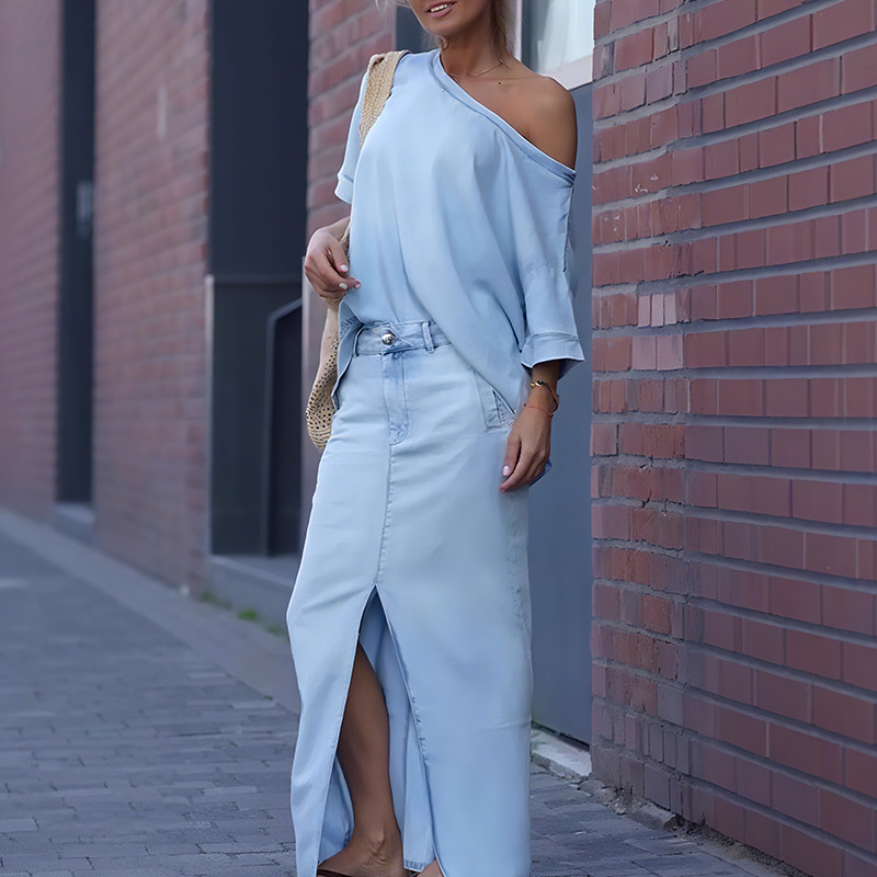 Icone™ FashionSet: Stilig Off-Shoulder Topp Og Denimskjørt