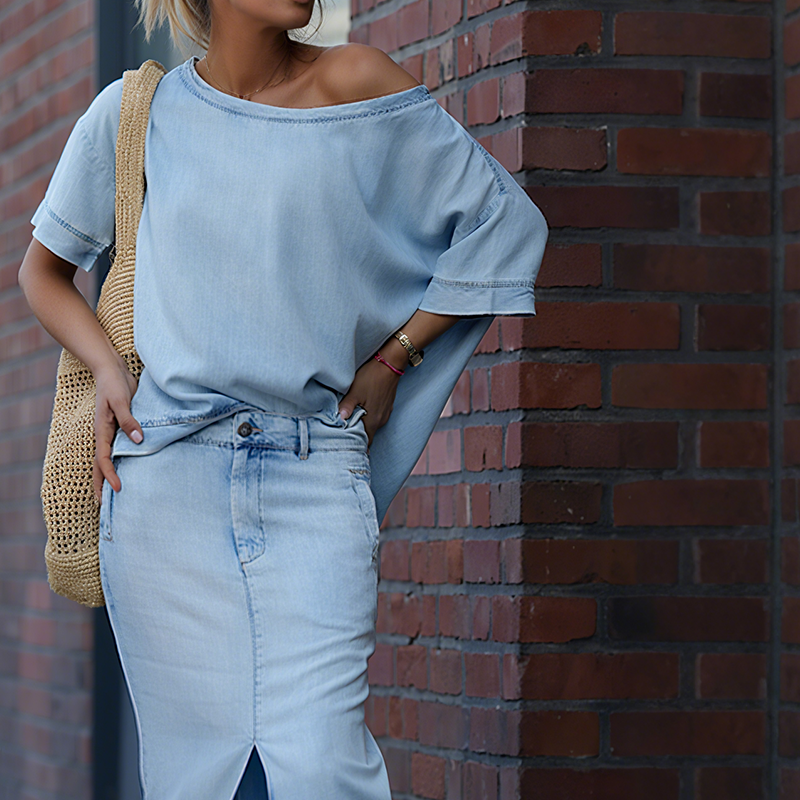 Icone™ FashionSet: Stilig Off-Shoulder Topp Og Denimskjørt