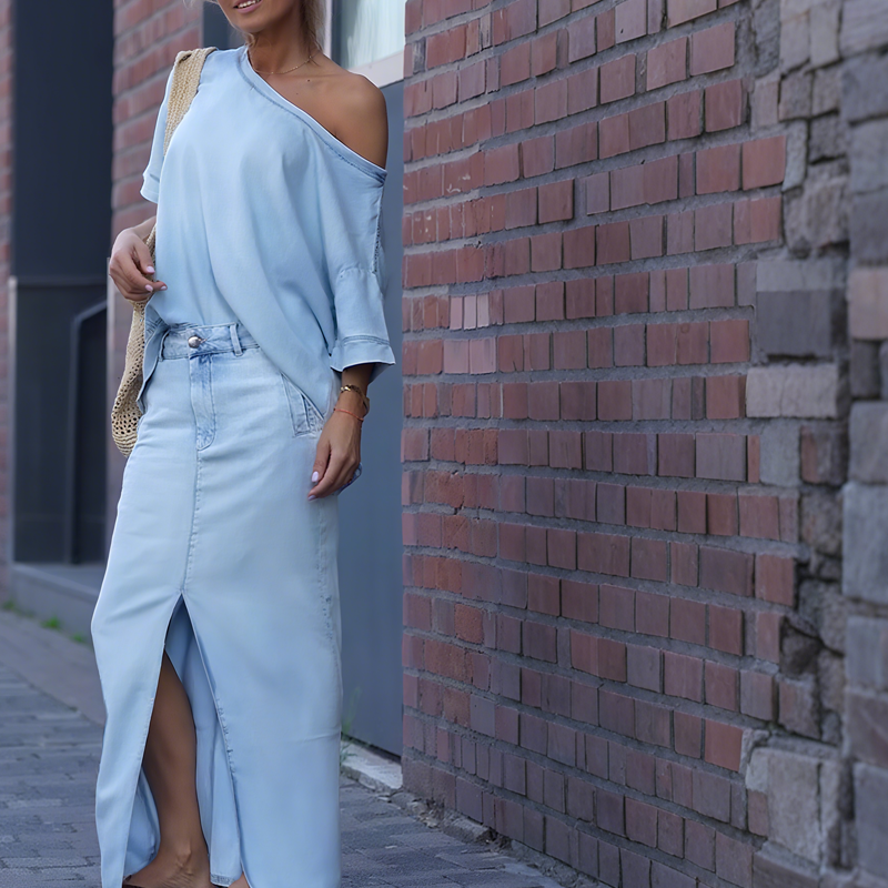 Icone™ FashionSet: Stilig Off-Shoulder Topp Og Denimskjørt